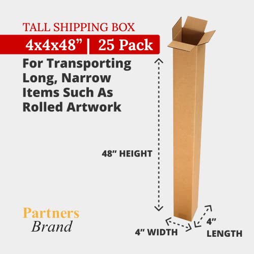Image of PARTNERS BRAND 4x4x48 Tall Corrugated Boxes, Tall, 4L x 4W x 48H, Pack of 25 | Shipping, Packaging, Moving, Storage Box for Home or Business, Strong Wholesale Bulk Boxes