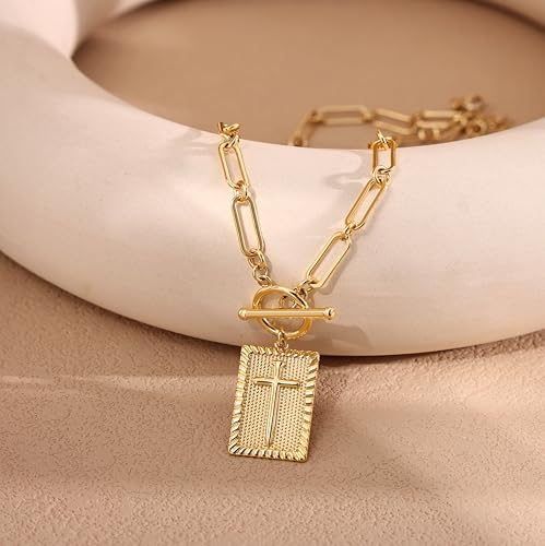 Gold and Silver Cross Pendant Necklace for Women, Toggle Clasp Rectangle Cross Charm Necklace, Dainty Paperclip Chain Religious Jewelry Gift for Christian Faith, Baptism, First Communion 5