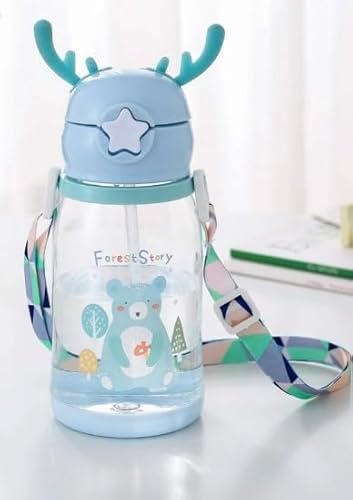 Garrafa Infantil Alce com Canudo Silicone Garrafinha de Agua 600ml Antivazamento e Alça para Transpo