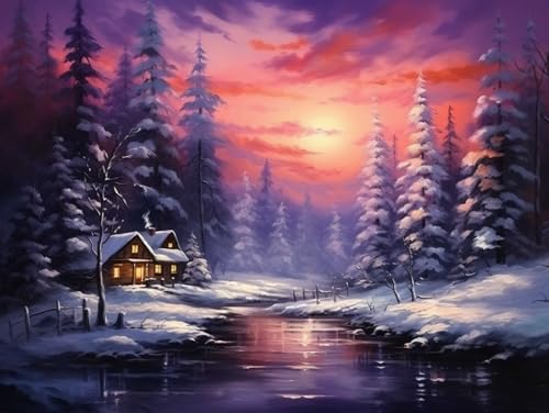 Kit de broderie de cabine de forêt d'hiver point de croix paysage 14CT 60x80cm