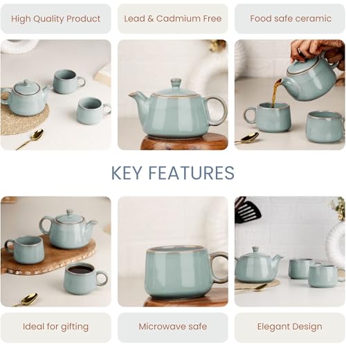 Image of The Earth Store Premium Grey Glaze Ceramic Morning Tea Set - 2 Tea Cups & 1 Kettle Microwave and Dishwasher Safe | Tea Cup with Kettle | Small Morning Set | Ideal for Gifting and Daily Use