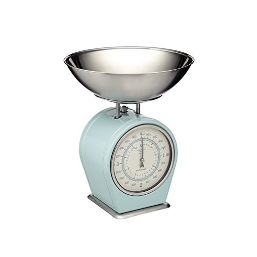 KitchenCraft Living Nostalgia Balanza Mecánica de Cocina con Bol en Caja de Regalo, Balanza de Hierro Fundido con Soporte de Madera de Acacia, Azul Vintage