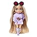 Barbie HGP66 - Extra Minis Doll (ca 14 cm) mit flauschiger lila Kleidung, mit Puppenständer und Zubehör wie Teddyohren und Sonnenbrille, Spielzeug Geschenk für Kinder ab 3 Jahren