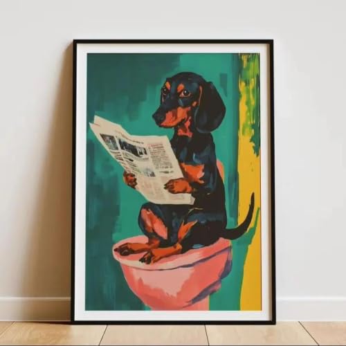 Tableau chien rigolo lisant le journal pour une decoration murale wc originale