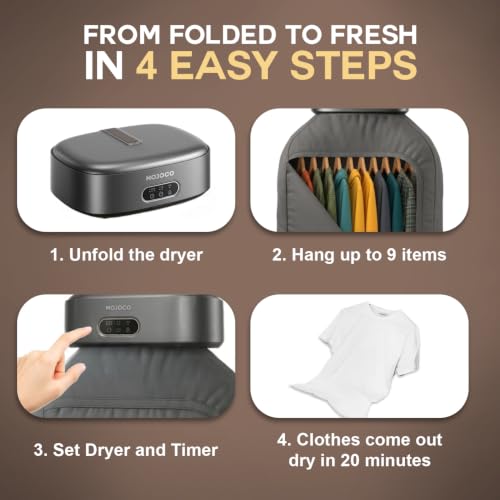 Image of MOJOCO Portable Clothes Dryer - Mini /Compact Dryer for Apartment, RV, Travel - Small Quiet Fast-Drying Machine with Adjustable Timer & Hassle-Free Setup