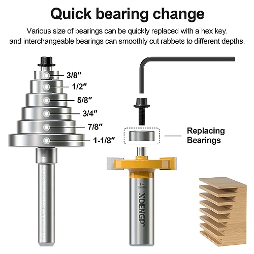 Image of Rabbet Router Bit Set 1 /2 Shank, Rabbeting Router Bits 1pcs with 6 Bearings for Interchangeable and Adjustable Multi Depths Cutter 1 /8 inch, 1 /4 inch, 5 /16 inch, 3 /8 inch, 7 /16 inch, 1 /2 inch