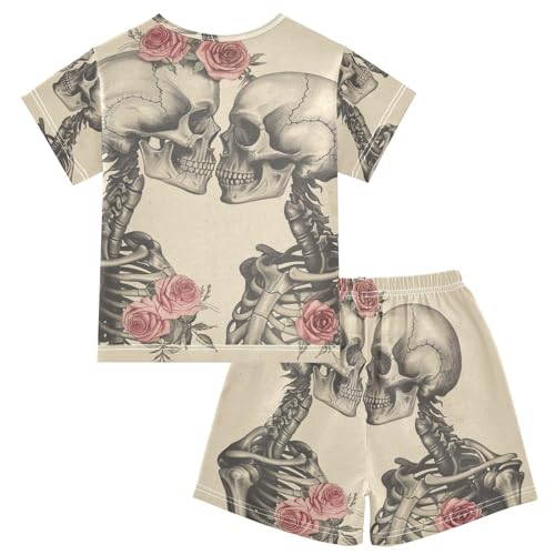 ALAZA Romantic Skeleton and Roses Pajama Set Short Sleeve Sleepwear Soft Lounge Nightwear2