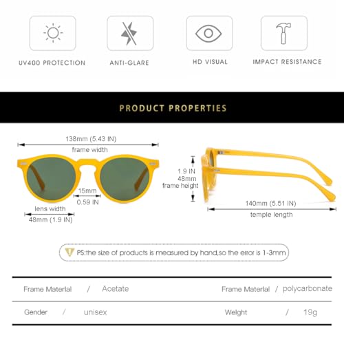 Image of Gleyemor Vintage Polarized Sunglasses for Men Round Sunglasses UV400 Protection Retro Hand-crafted Acetate Frame