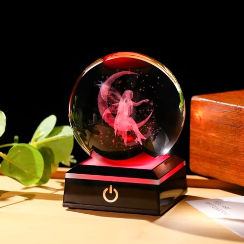 Image of Arikyrist 3D Crystal Ball Moon Fairy Figurine with Colorful LED Base, Fairy Gifts for Women Girls on Christmas Birthday, Fairy Statue Glass Globe Decorative Ball for Home Decor (80mm)