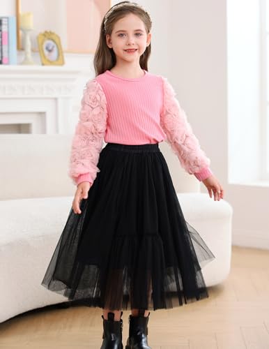 Image of Girls Casual Crewneck Ruffle Flower Long Sleeve Solid Kint Sweatshirts Loose Fit Blouse Fashion Shirts