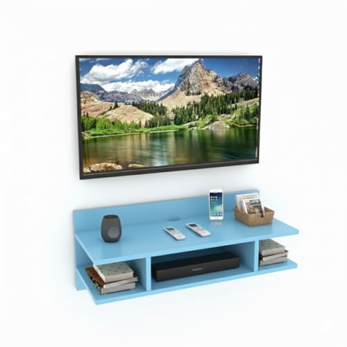 Image of Engineered Wood Set Top Box Stand | Wall Mounted TV Unit Shelf for Router, WiFi, DVD, Gaming Console | Sturdy & Space Saving TV Accessory Organizer (Brown, 50 x 20 x 15 cm) (Sky Blue)
