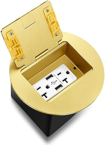 Kanayu Recessed Floor Outlet with 4.8A USB Chargers 20 Amp Floor Receptacles Round Floor Outlet Kit Electrical Waterproof Outlet Cover for Floor, ETL Listed(Gold, 1 Pack)