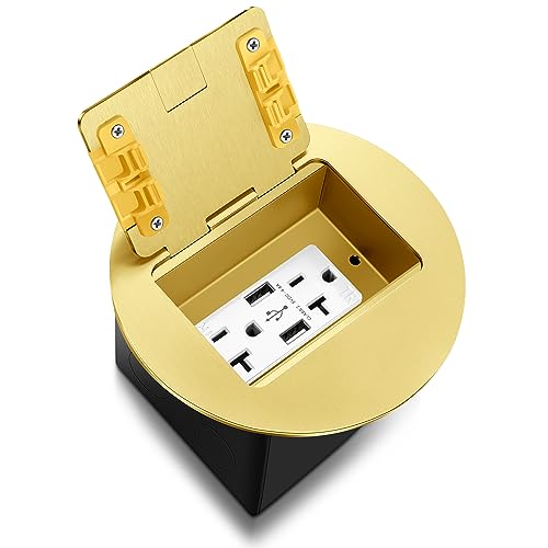 Kanayu Gold Recessed Floor Outlet 3.98"x 3.66"x 4" 1-Gang with 4.8a USB Chargers 20 Amp Floor Receptacles Round Outlet Kit Electrical Waterproof Box Cover, ETL Listed by Kanayu - Used condition - US$33.95