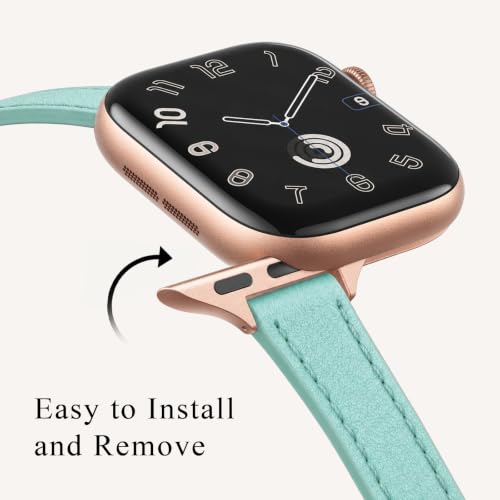 Image of STIROLL Slim Leather Bands Compatible with Apple Watch Band 38mm 40mm 41mm 42mm 44mm 45mm,Top Grain Leather Watch Thin Wristband for iWatch SE Series 7 /6 /5(Tiffany Blue with Rose Gold,38mm /40mm /41mm)