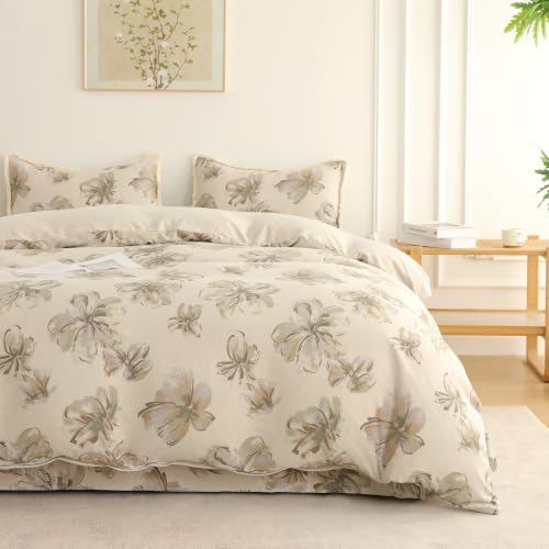 Image of Story@Home King Size Bedcover Set | 400 TC Microfiber Bedding Set with 1 Duvet Cover 1 King Bedsheet 270 x 250 cm & 2 Pillow Covers | Soft Durable Duvet Cover Set Floral Pattarn | Beige Green