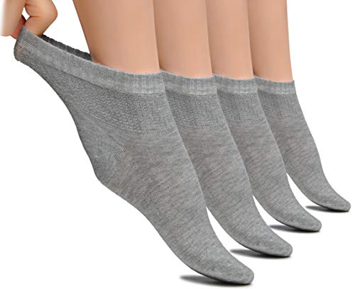 Hugh Ugoli Women's Loose Diabetic Ankle Socks, Bamboo, Wide, Thin, Seamless Toe and Non-Binding Top, 4 Pairs, Light Gray, Shoe Size: 6-9
