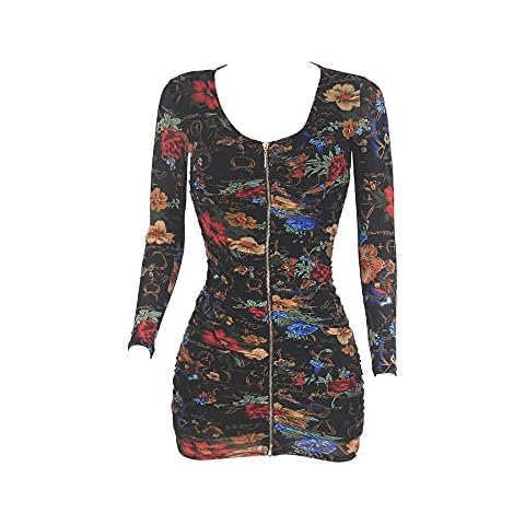Conai Coco Women's Floral Printed Mesh Sheath Deep V Neck Front Full Zip Ruched Stretchy Bodycon Affordable Semi Formal Lace Dresses (80Black,M) Cover