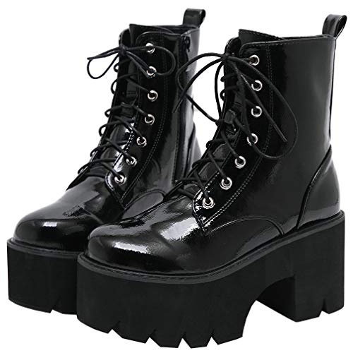 Image of Parisuit Womens Goth Patent Ankle Boots Platform Chunky Combat Boots