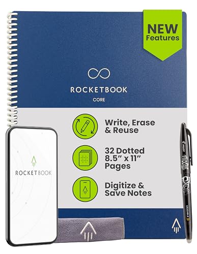Rocketbook Core Reusable Smart Notebook, Dot Grid Pages For School, Work and Creative Projects, Letter Size 8.5x11, Blue - Premium