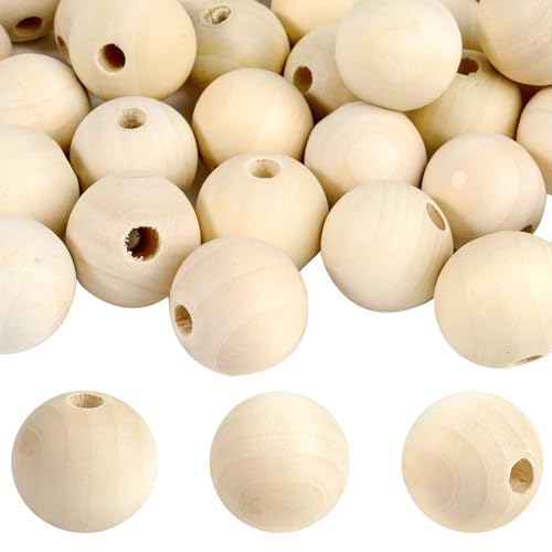 packra Cuentas de madera de 30 mm, perlas de madera para enhebrar, 40 unidades, bolas de madera grandes con agujero para manualidades, macramé, cuentas redondas de madera para accesorios de joyería