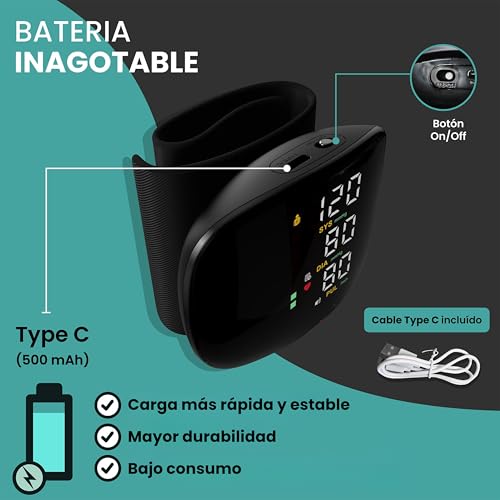 IMHOMED Tensiometro de Muñeca Profesional, Batería Recargable 500mAh-TypeC, Voz en Español, Pantalla Táctil, Manguito Universal, Certificado Sanitario 2025, Indicador de Riesgo, Memoria 2 Usuarios - imagen 3