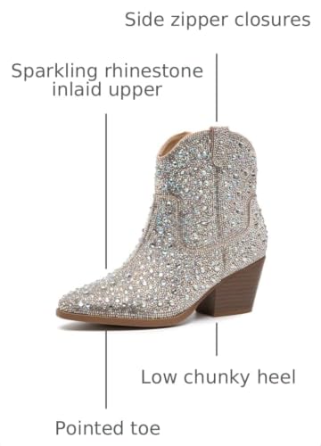 Image of YAYONE Rhinestone Zipper Sparkly Ankle Boots - Glitter Pointed Toe Fashion Comfortable Shoes, Pull on Chunky Heel Western Boots