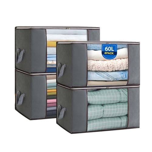 Boic 4 Pezzi Scatole Per Vestiti 60L, Scatole Per Armadio Salvaspazio, Contenitore Vestiti Pieghevoli Con Coperchio E Maniglia Contenitori Per Armadio Per Coperte, Biancheria Da Letto (Grigio)