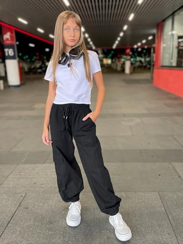 Image of Girls Cargo Pants Size 14-16 Black Winter Cargo Pants for Girls Joggers Pants Drawstring