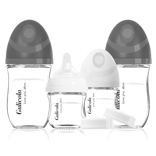 Image of Gulicola Natural Glass Baby Bottles Set 4 Pack, Newborn Boy Breastfeeding Bottles with Slow Flow Nipples, 0 Months+, 3 oz & 5 oz - Black/White