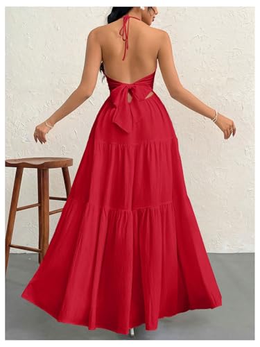 Image of SHENHE Women's Deep V Neck Tie Knot Backless Halter Dress A Line Flowy Ruffle Maxi Dress