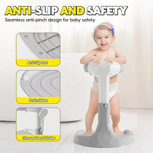 Image of Baby Shower Stand Support, Adjustable Baby Bath Stand with Anti-Slip Base, Foldable Space Saving Baby Standing Bath Maker Anti-Pinch, Ideal Gift for 6-36 Months