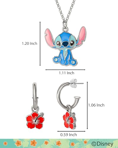 Disney Lilo & Stitch Jewelry Set Official License, Flower Charm Hoop Earrings and 16+3 Stitch Necklace Fashion Jewelry Set 5