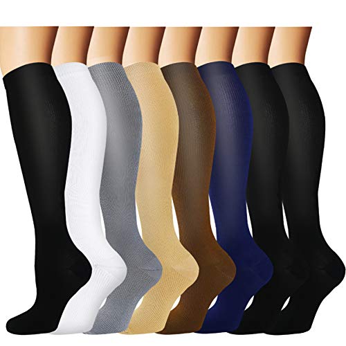 Knee High Compression Socks For Men & Women(8 Pairs)-Best For Running,Athletic and Travel -15-20mmHg (Large/X-Large)