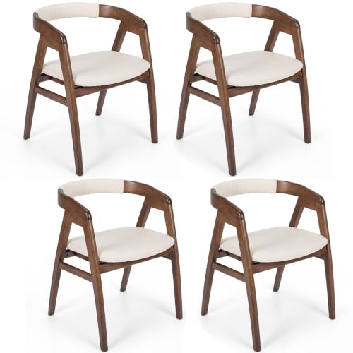 Image of COSTWAY Bamboo Accent Chairs Set of 4 with Wide Curved Backrest and Arms | Walnut, Farmhouse Leisure Dining Chairs w /Comfy Cushion, Solid Legs, Upholstered Armchair for Living Room, Bedroom, Kitchen