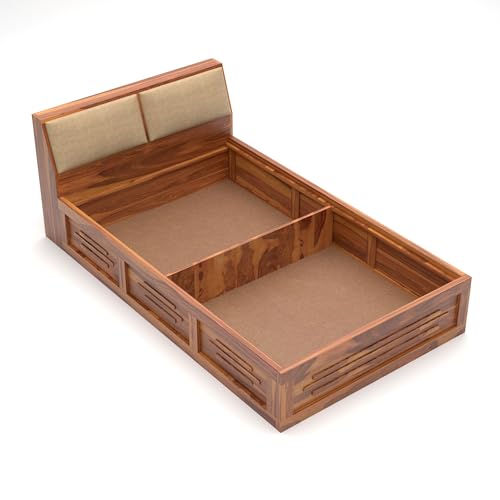 Image of Solid Sheesham Wood Armania Single Size Bed with Hydraulic Storage Bed for Bedroom Living Room Solid Wooden Furniture Bed for Home Hotels -(Natural Finish) 1 Year Warranty (Natural)