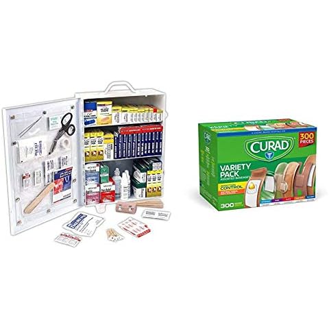 Rapid Care First Aid 80094 3 Shelf ANSI/OSHA Compliant All Purpose First Aid Cabinet, Wall Mountable, 800 Pieces & Curad Assorted Bandages Variety Pack 300 Pieces, Including Antibacterial, Heavy Duty Cover