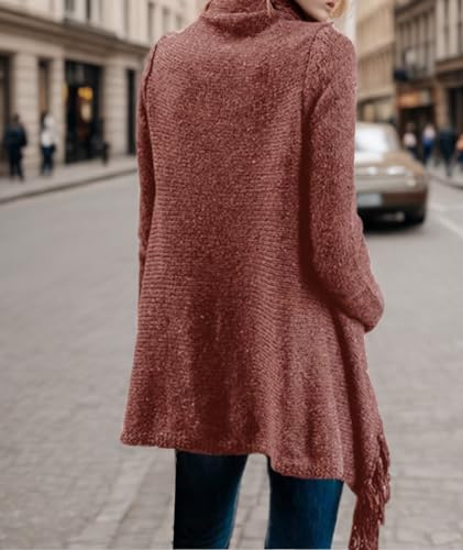 Image of Women's Open Front Knited Tassels Slash Loose Cardigan Crew Neck Speckled Fringe Sweater Outwear