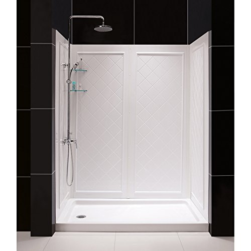 DreamLine 36 in. D x 60 in. W x 76 3/4 in. H Left Drain Acrylic Shower Base and QWALL-5 Backwall Kit...