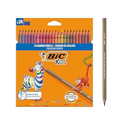 BIC Kids Evolution Stripes Crayons de Couleur Enfant, Couleurs vives et intenses, Idéal pour dessiner et colorier - Couleurs assorties, Lot de 24