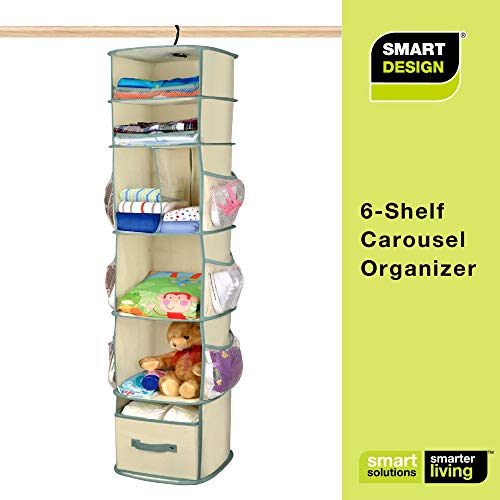 Smart Design 6-Tier Smart Carousel Organizer w/ 6 Pockets, Steel Metal Hook, & Foldable Drawer - 360 Degree Swivel - Clothing, Accessories, & Misc. Item Storage Organization (11 x 53.5 Inch) [Beige] - Thumbnail 7
