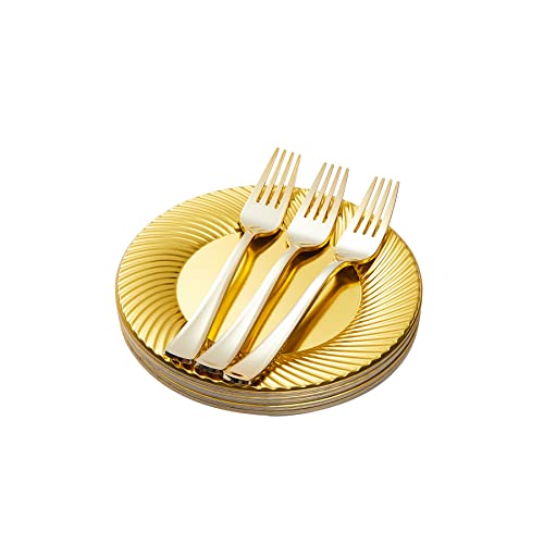 N9R 60pcs Gold Plastic Dessert Plates with Forks Include 30pcs Disposable Dessert Plates 7 inch 30pcs Gold Plastic Forks 7.4 inch for Parties Weddings Birthday
