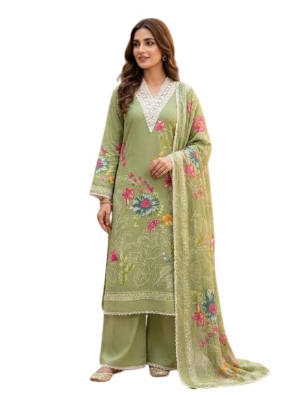 Sage Green Floral Printed Salwar Suit Dress Material with Lace Border Dupatta-image-25