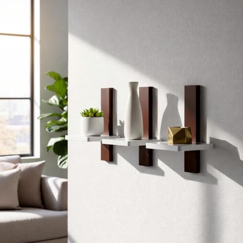 Image of Set of 3 Wall Mounted Floating Shelves | White Wooden Display Shelf with Brown Vertical Back Panel | Modern Minimalist Wall Decor for Living Room, Bedroom & Office | Engineered Wood