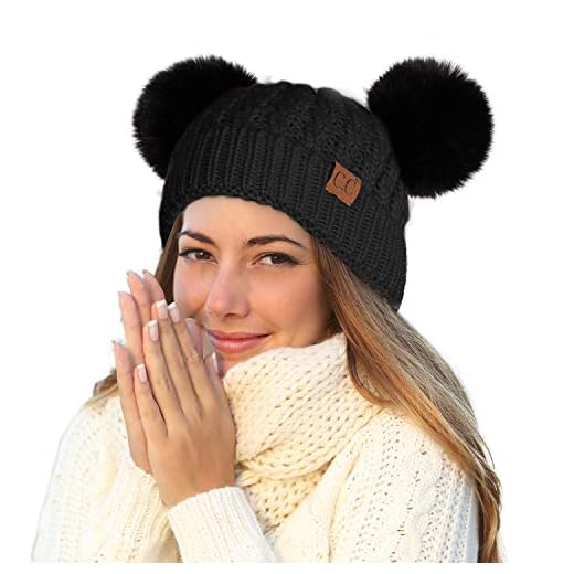C.C Hatsandscarf Exclusives Cable Knit Double Pom Winter Beanie (HAT-2055) (Black-Color Natural Pom)