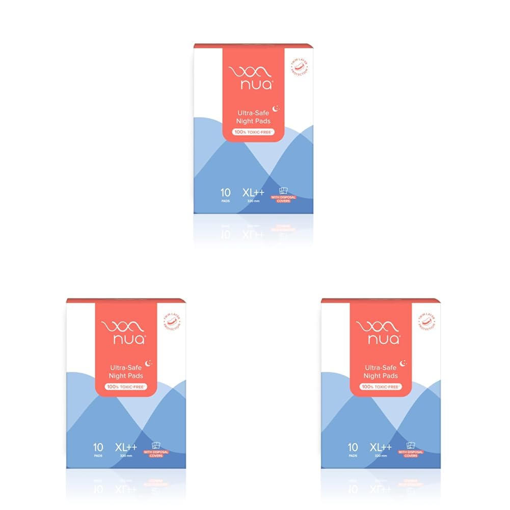 Nua Ultra-Safe Night Pads | Twin Layer Protection | Ultra-Absorbent | 50% Wider Back | Safe on Skin | Safe Disposal (Pack of 3)