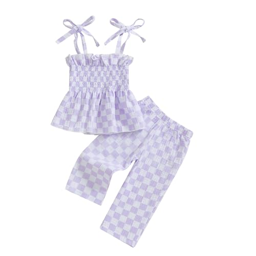 Image of Aiwpstoin Toddler Baby Girl Clothes Tie-Up Strap Ruffle Camisole Tops Linen Pants Set Little Girls Summer Outfits