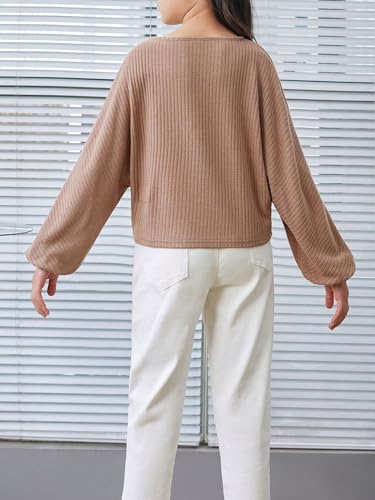Image of SOLY HUX Girl's Bishop Long Sleeve T Shirt Round Neck Loose Solid Tee Tops Plain Apricot 11Y