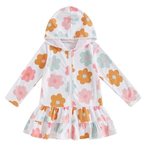 Kids Hooded Terry Swim Cover Up for Girl Swimsuit Summer Zip Ruffle Dress Long Sleeve Floral Towel Coverup Swimwear (Floral White, 5-6 Years) Cover