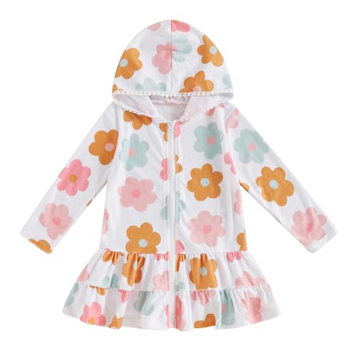 Kids Hooded Terry Swim Cover Up for Girl Swimsuit Summer Zip Ruffle Dress Long Sleeve Floral Towel Coverup Swimwear
