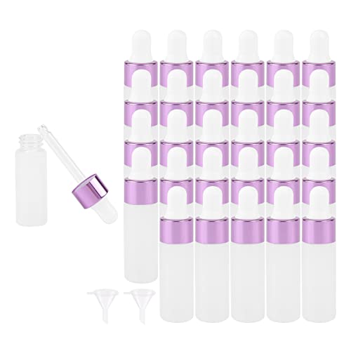Newzoll 30Pcs 5ml Frosted Glass Dropper Bottles with 2 Funnels, Refillable Cosmetic Sample Glass Dropping Bottles Vials Jars Containers for Essential Oil Perfume, Purple